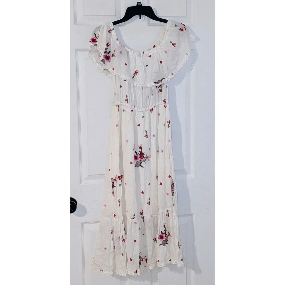 Lost + Wander‎ White Floral Embroidered Off Shoulder Maxi Dress Boho Tassel Sz S